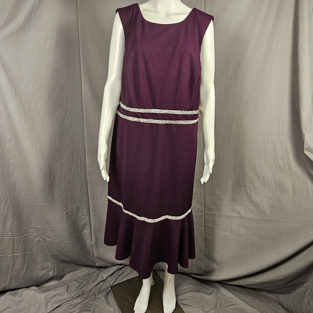 R&M Richards Rhinestone Belted Flounce Hem Dress in wine, size 18W